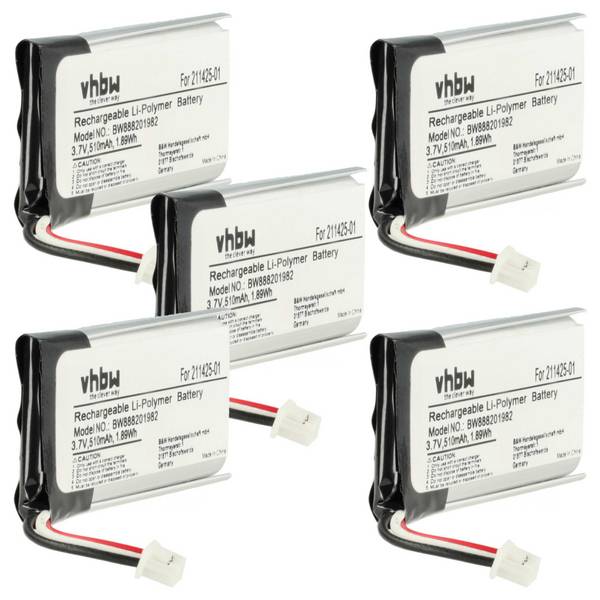 vhbw 5x Akku Ersatz für Plantronics 211425-01 | 202555-01 für Wireless Headset Kopfhörer (510 mAh, 3,7 V, Li-Polymer)