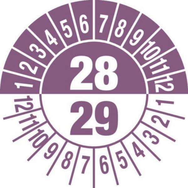 Prüfplakette "28/29", violett, Folie, selbstklebend, 30 mm, VE = 5 Bogen à 15 Stück