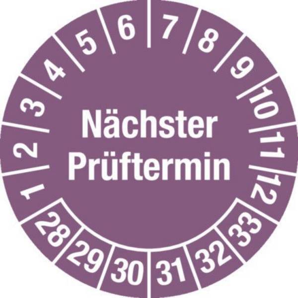 Prüfplakette "Nächster Prüftermin", 28 - 33, violett, Folie, SK, 20 mm, VE = 3 Bogen à 36 Stück