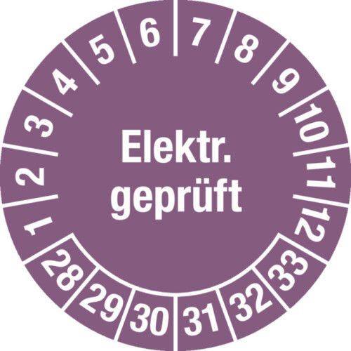 Prüfplakette "Elektr. geprüft", 28 - 33, violett, Folie, SK, 25 mm, VE = 5 Bogen à 15 Stück-0