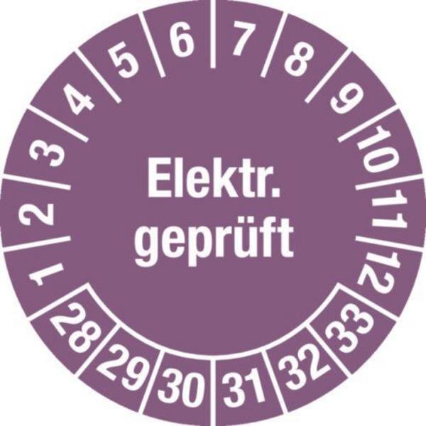 Prüfplakette "Elektr. geprüft", 28 - 33, violett, Folie, SK, 25 mm, VE = 5 Bogen à 15 Stück