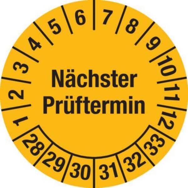 Prüfplakette "Nächster Prüftermin", 28 - 33, gelbe Version, Folie, SK, 25 mm, VE = 5 Bogen à 15 St.
