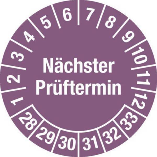 Prüfplakette "Nächster Prüftermin", 28 - 33, violett, Folie, SK, 30 mm, VE = 5 Bogen à 15 Stück