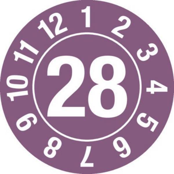 Prüfplakette "28", im Kreis, violett, Folie, selbstklebend, 25 mm, VE = 5 Bogen à 15 Stück