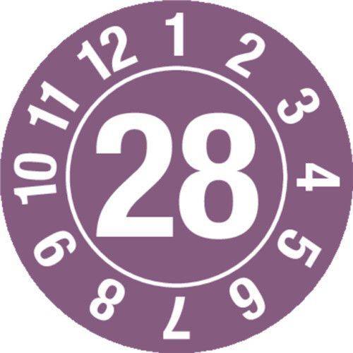 Prüfplakette "28", im Kreis, violett, Folie, selbstklebend, 10 mm, VE = 1 Bogen à 128 Stück-0