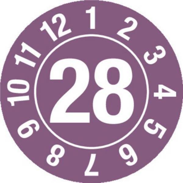 Prüfplakette "28", im Kreis, violett, Folie, selbstklebend, 10 mm, VE = 1 Bogen à 128 Stück