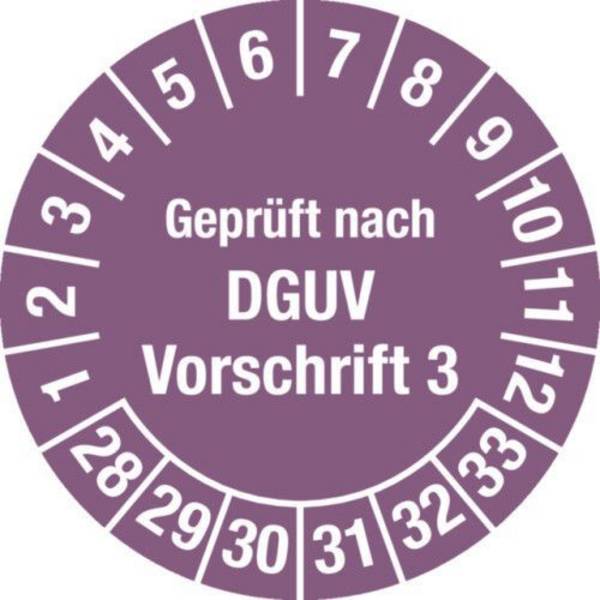Prüfplakette "Geprüft nach DGUV", 28 - 33, violett, Folie, SK, 25 mm, VE = 5 Bogen à 15 Stück