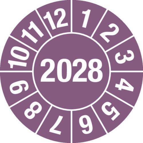 Prüfplakette "2028", violett, Folie, selbstklebend, 25 mm, VE = 5 Bogen à 15 Stück-0