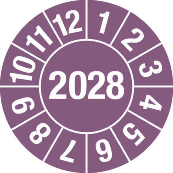 Prüfplakette "2028", violett, Folie, selbstklebend, 25 mm, VE = 5 Bogen à 15 Stück