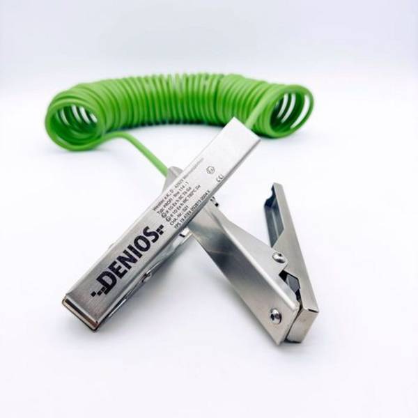 DENIOS Erdungskabel mit Erdungszangen 140 mm + 140 mm, 5 m Kabel, grün, Stahl, 4 mm², ATEX