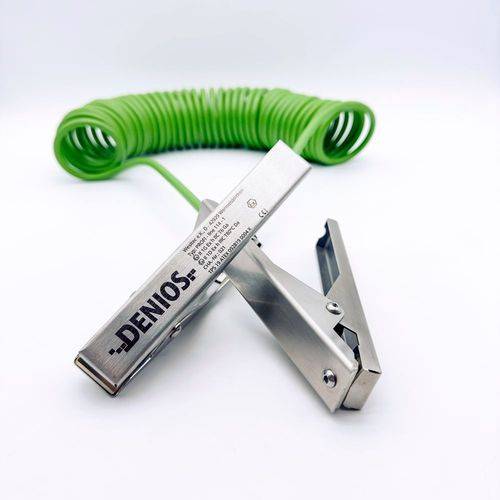 DENIOS Erdungskabel mit Erdungszangen 140 mm + 140 mm, 5 m Kabel, grün, Stahl, 4 mm², ATEX-0