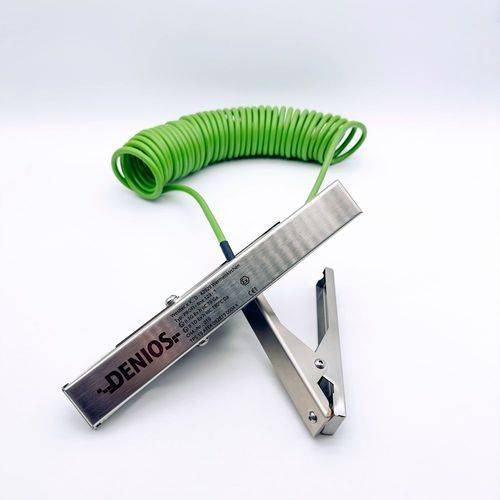 DENIOS Erdungskabel mit Erdungszangen 140 mm + 230 mm, 10 m Kabel, grün, Stahl, 4 mm², ATEX-1