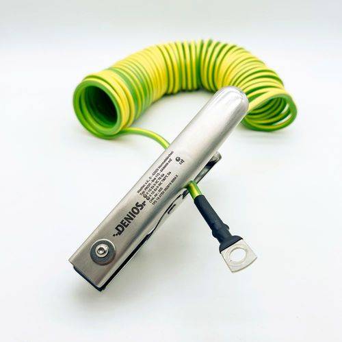 DENIOS Erdungskabel mit Erdungszange K 150 mm und M10 Öse, 5 m Kabel, grün/gelb, Stahl, 4 mm², ATEX-1