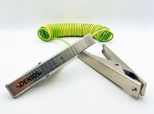 DENIOS Erdungskabel mit Erdungszangen 230 mm + 230 mm, 10 m Kabel, grün/gelb, Stahl, 4 mm², ATEX-0