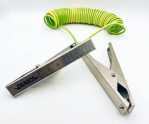 DENIOS Erdungskabel mit Erdungszangen 230 mm + 230 mm, 10 m Kabel, grün/gelb, Stahl, 4 mm², ATEX-1
