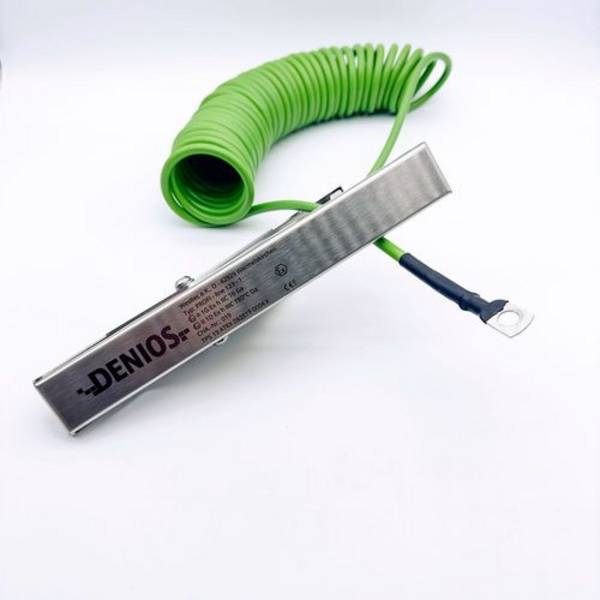 DENIOS Erdungskabel mit Erdungszange 230 mm und M10 Öse, 5 m Kabel, grün, Stahl, 4 mm², ATEX