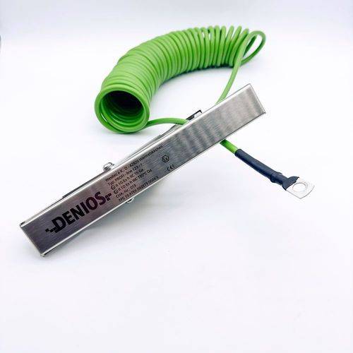 DENIOS Erdungskabel mit Erdungszange 230 mm und M10 Öse, 5 m Kabel, grün, Stahl, 4 mm², ATEX-0
