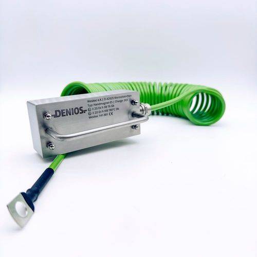 DENIOS Erdungskabel mit Handmagnet und M10 Öse, 5 m Kabel, grün, Stahl, 4 mm², ATEX-1