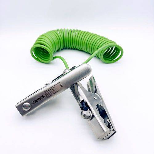 DENIOS Erdungskabel mit Erdungszangen 150 mm + 150 mm, 3 m Kabel, grün, Stahl, 4 mm², ATEX-2