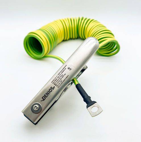 DENIOS Erdungskabel mit Erdungszange K 150 mm und M10 Öse, 10 m Kabel, grün/gelb, Stahl, 4 mm², ATEX-1