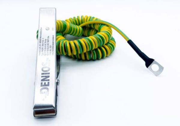 DENIOS Erdungskabel mit Erdungszange 140 mm und M10 Öse, 1 m Kabel, grün/gelb, Kupfer, 2,5 mm², ATEX