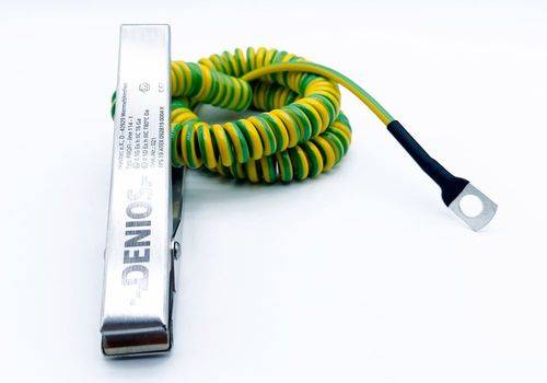 DENIOS Erdungskabel mit Erdungszange 140 mm und M10 Öse, 1 m Kabel, grün/gelb, Kupfer, 2,5 mm², ATEX-0