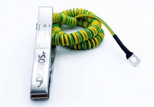 DENIOS Erdungskabel mit Erdungszange 140 mm und M10 Öse, 1 m Kabel, grün/gelb, Kupfer, 2,5 mm², ATEX-1