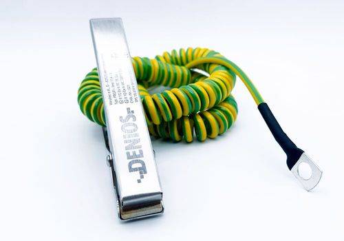 DENIOS Erdungskabel mit Erdungszange 140 mm und M10 Öse, 1 m Kabel, grün/gelb, Kupfer, 2,5 mm², ATEX-2
