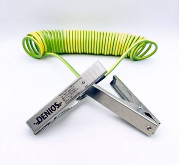 DENIOS Erdungskabel mit Erdungszangen 140 mm + 140 mm, 10 m Kabel, grün/gelb, Stahl, 4 mm², ATEX