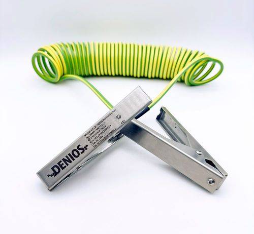DENIOS Erdungskabel mit Erdungszangen 140 mm + 140 mm, 10 m Kabel, grün/gelb, Stahl, 4 mm², ATEX-0