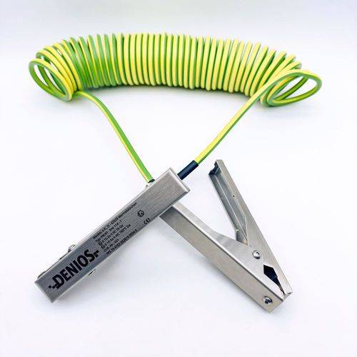 DENIOS Erdungskabel mit Erdungszangen 140 mm + 140 mm, 10 m Kabel, grün/gelb, Stahl, 4 mm², ATEX-1