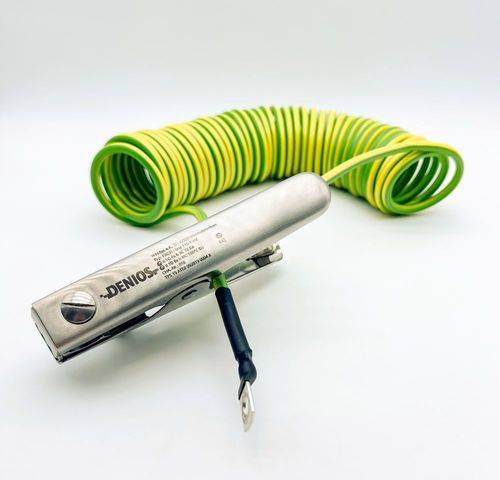 DENIOS Erdungskabel mit Erdungszange 150 mm und M10 Öse, 3 m Kabel, grün/gelb, Stahl, 4 mm², ATEX-0