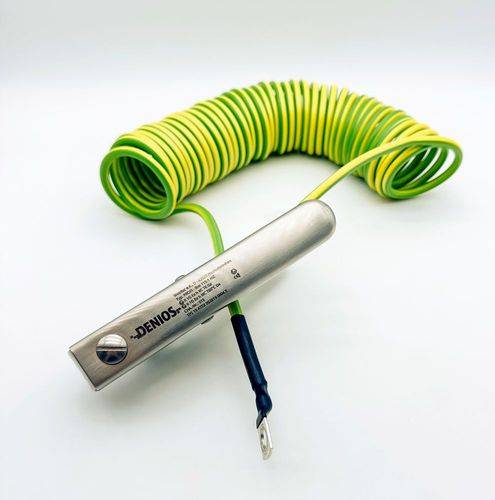 DENIOS Erdungskabel mit Erdungszange 150 mm und M10 Öse, 3 m Kabel, grün/gelb, Stahl, 4 mm², ATEX-1