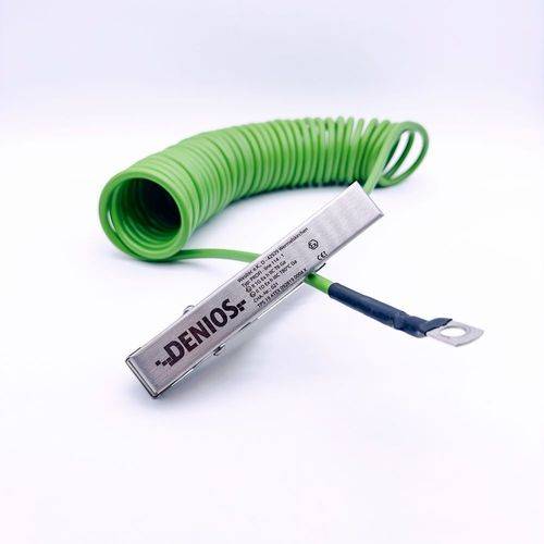 DENIOS Erdungskabel mit Erdungszange 140 mm und M10 Öse, 10 m Kabel, grün, Stahl, 4 mm², ATEX-0