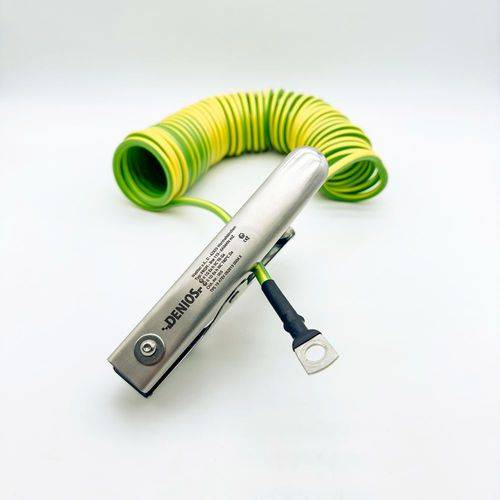 DENIOS Erdungskabel mit Erdungszange K 150 mm und M10 Öse, 3 m Kabel, grün/gelb, Stahl, 4 mm², ATEX-1