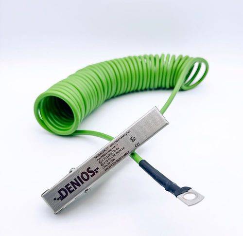 DENIOS Erdungskabel mit Erdungszange 140 mm und M10 Öse, 10 m Kabel, grün, Stahl, 4 mm², ATEX-1