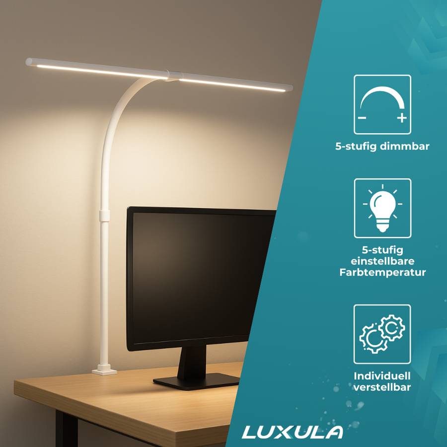 LUXULA 2er- Set LED Schreibtischlampe Doppelkopf 24W 3000-6500K Warm- Kaltweiß Dimmbar Monitorlampe Weiß Klemmsäule-1