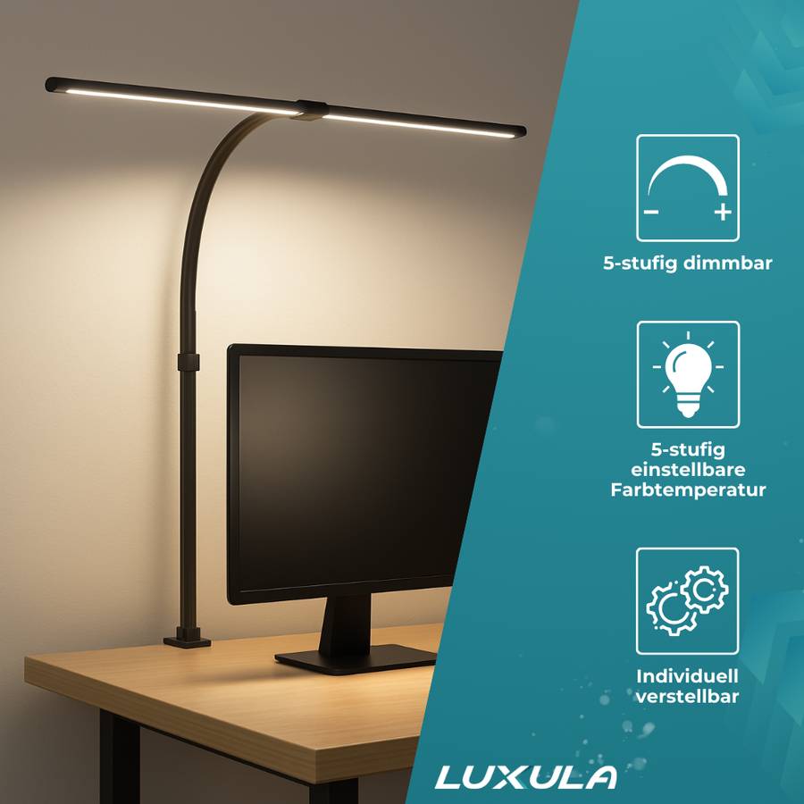 LUXULA 2er- Set LED Schreibtischlampe Doppelkopf 24W 3000-6500K Warm- Kaltweiß Dimmbar Monitorlampe Schwarz Klemmsäule-1