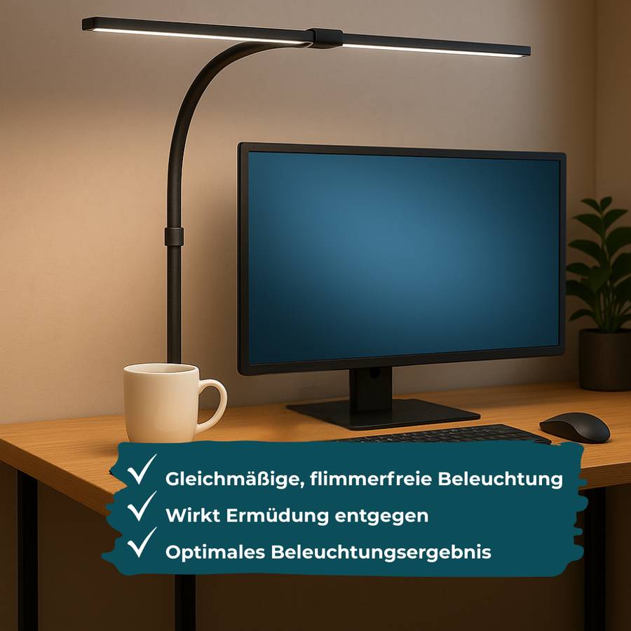 LUXULA 2er- Set LED Schreibtischlampe Doppelkopf 24W 3000-6500K Warm- Kaltweiß Dimmbar Monitorlampe Schwarz Klemmsäule-2