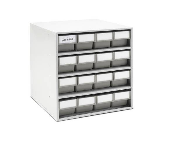 Treston ReBOX-Magazin 6164-30R mit 16 Schubladen aus recyceltem Polypropylen, grau. BxTxH 400x400x395 mm