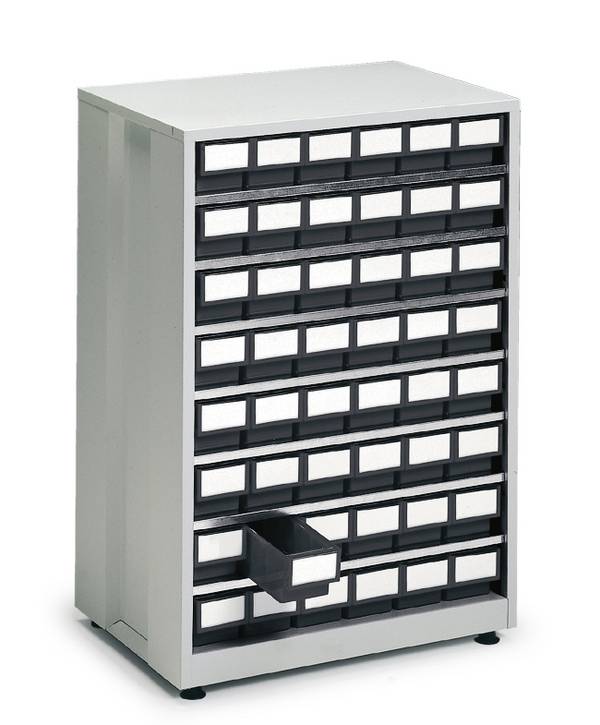 Treston Großes Schubladenmagazin 4840 ESD mit 48 ESD-Schubladen in schwarz. Gehäuse BxTxH 605x410x870 mm, hellgrau