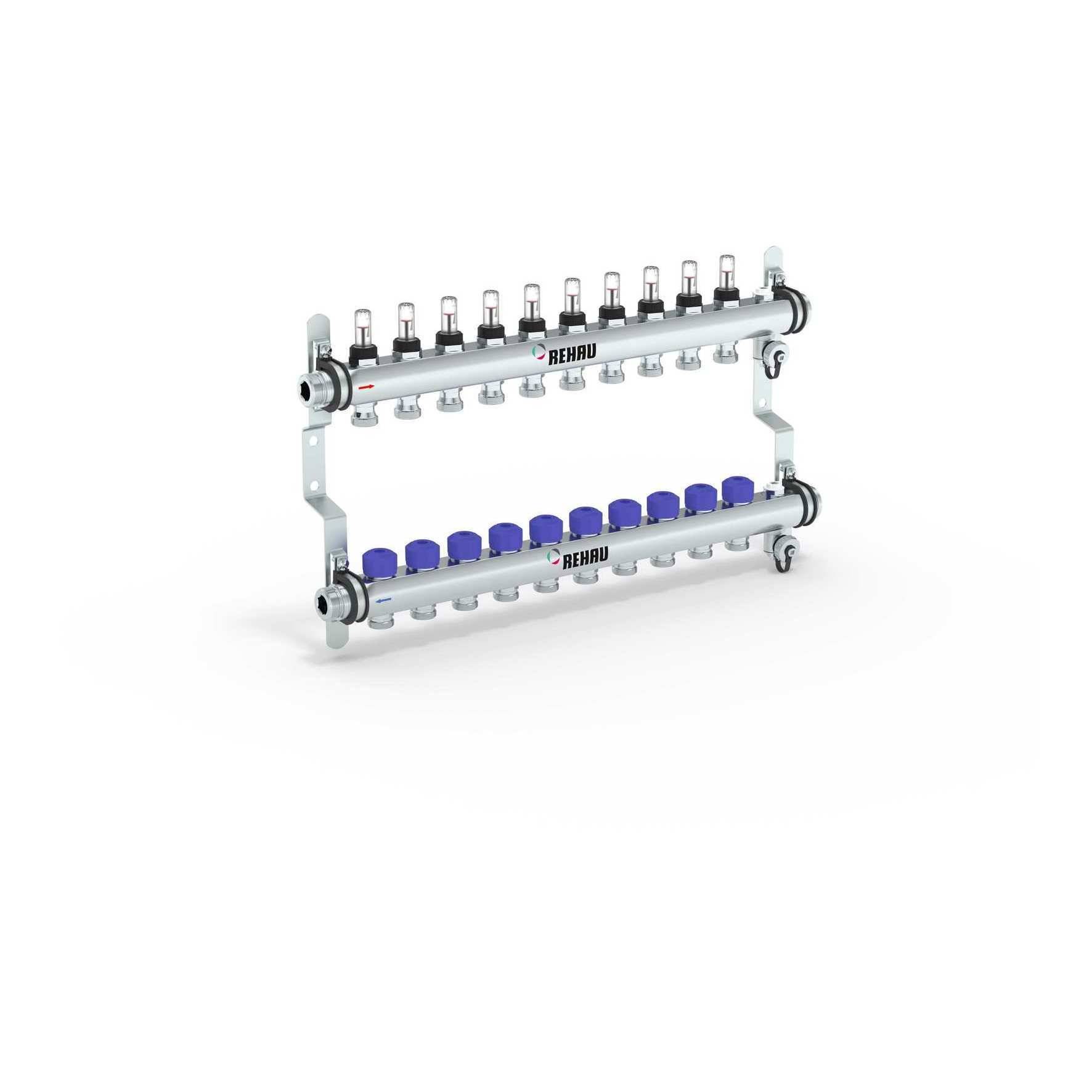 Rehau Verteiler HKV-D Easyflow, Edelstahl, 10 Heizkreise, mit Durchflussanzeige min/max-0