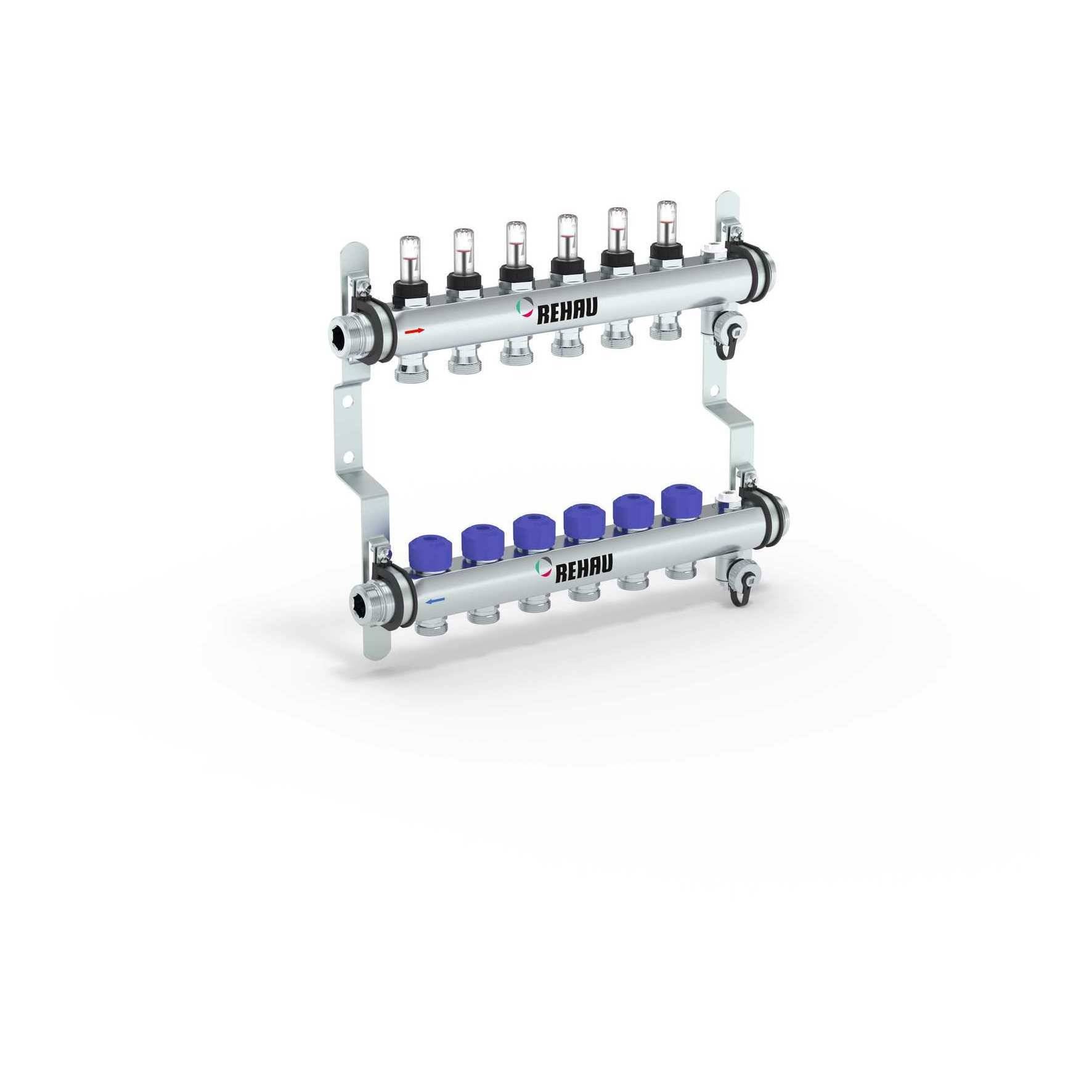 Rehau Verteiler HKV-D Easyflow, Edelstahl, 6 Heizkreise, mit Durchflussanzeige min/max-0