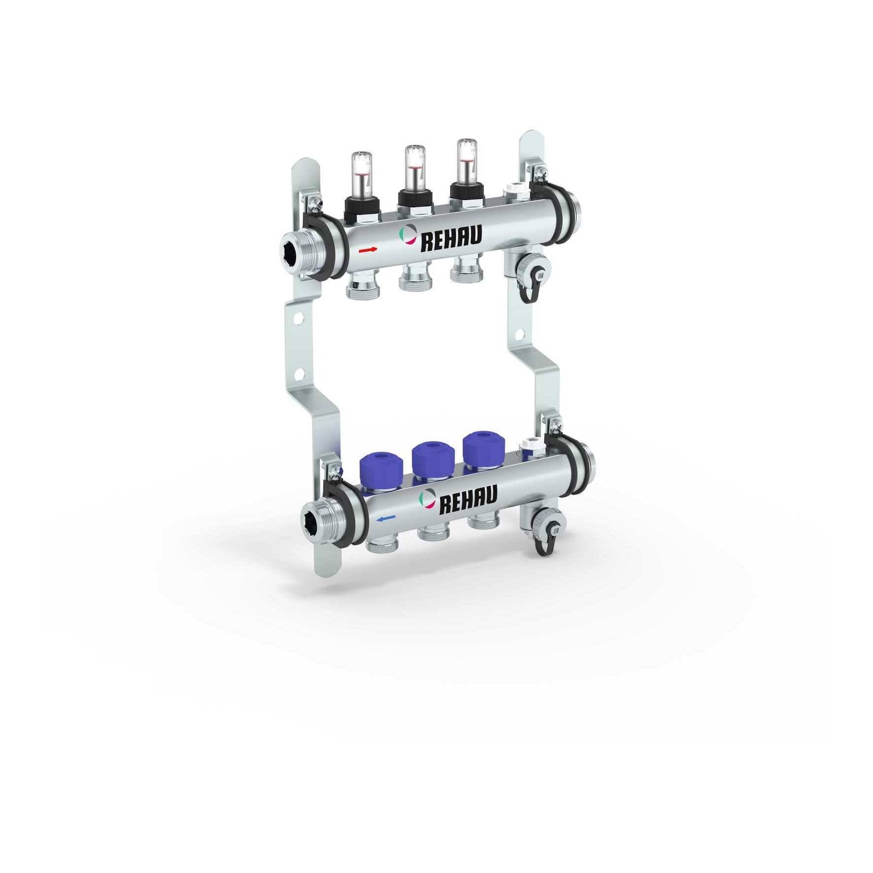 Rehau Verteiler HKV-D Easyflow, Edelstahl, 3 Heizkreise, mit Durchflussanzeige min/max-0