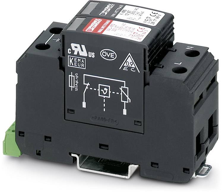 Ein schwarzes elektronisches Relais mit Prüfzeichen und Symbolen für elektrische Schaltkreise auf der Vorderseite.