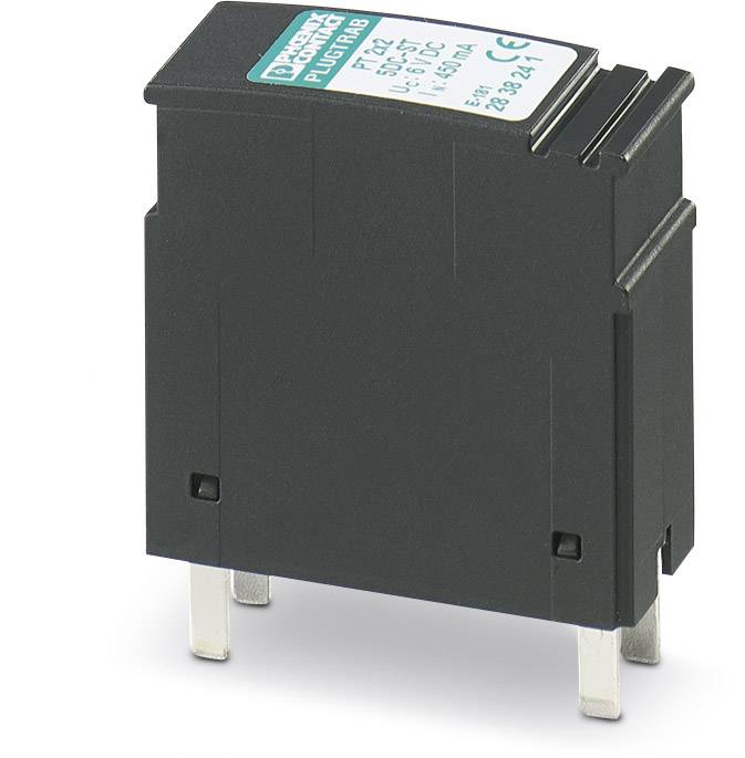Ein schwarzes elektronisches Bauteil mit metallischen Stiften an der Unterseite. Es trägt ein Etikett mit technischen Spezifikationen.