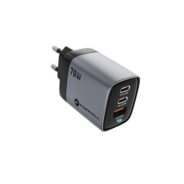 FORCELL F-ENERGY GaN III VT-37 Netz-Ladegerät mit LCD-Display 2 x Typ C + USB A PD QC4.0 SAM SFC2.0 3.45A 70W grau