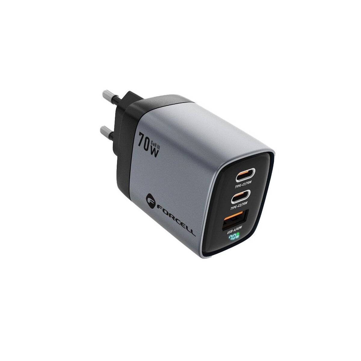 FORCELL F-ENERGY GaN III VT-37 Netz-Ladegerät mit LCD-Display 2 x Typ C + USB A PD QC4.0 SAM SFC2.0 3.45A 70W grau-0