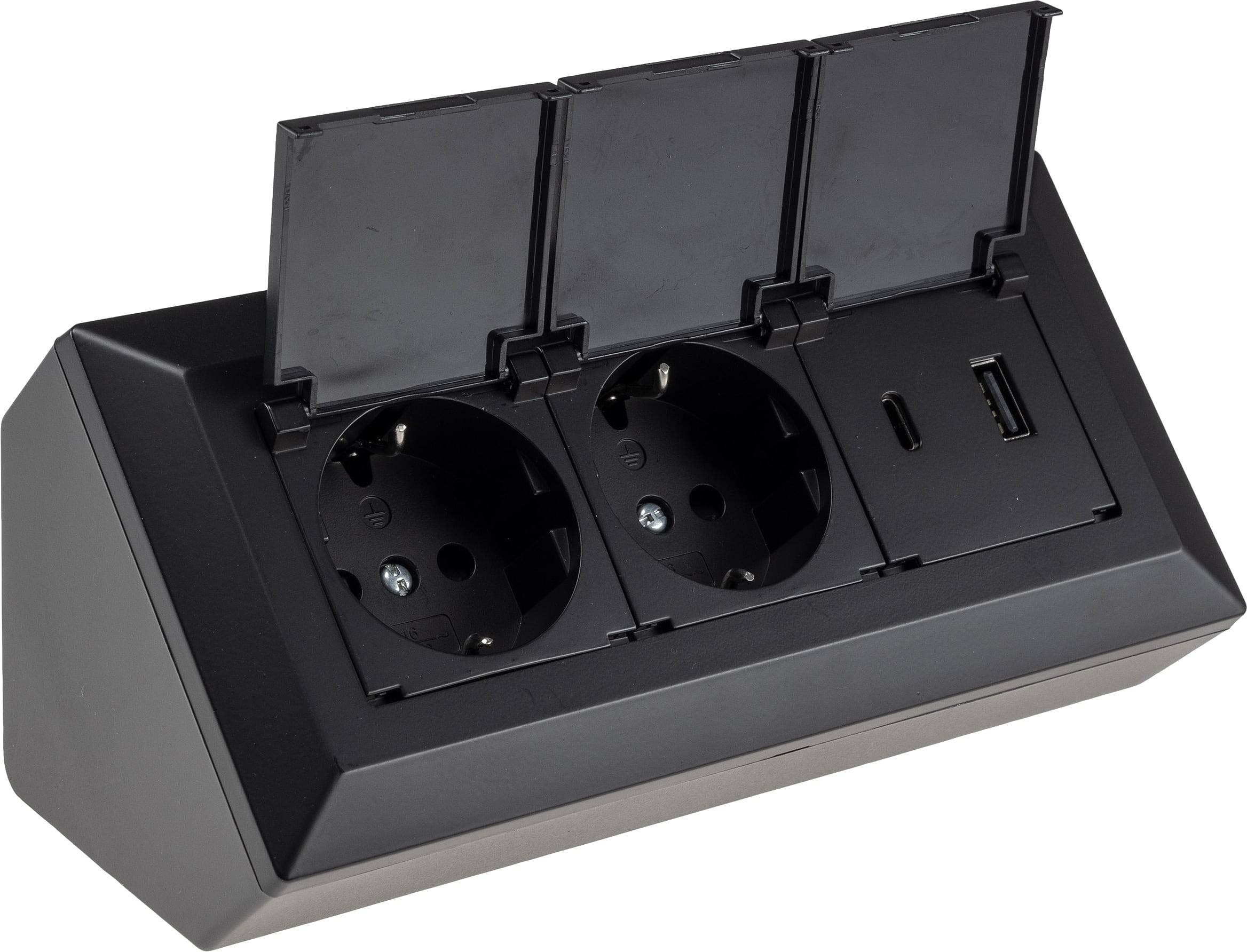 ChiliTec - 2-fach Steckdosenblock USB-A&C schwarz mit Klappen-0