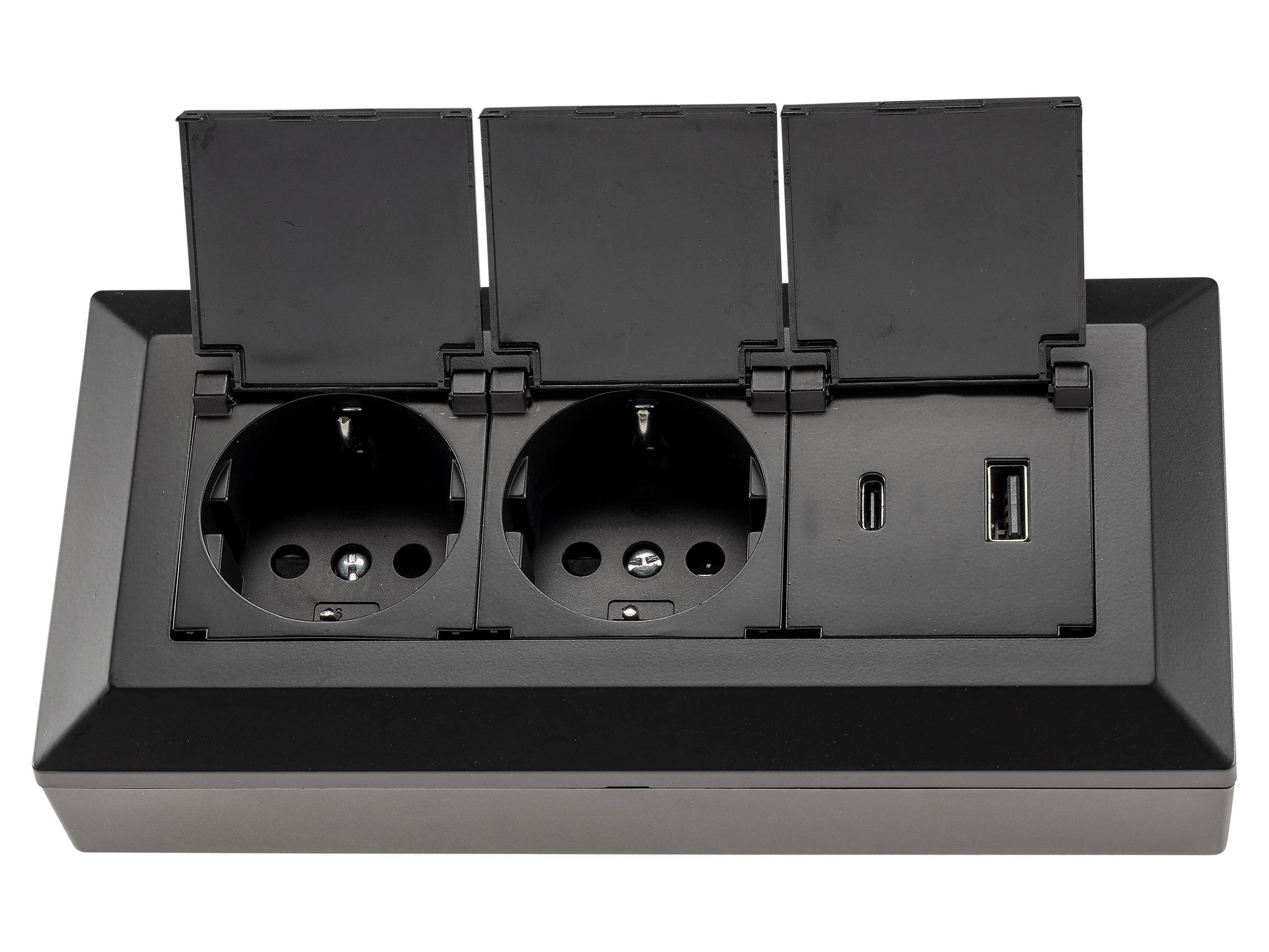 ChiliTec - 2-fach Steckdosenblock USB-A&C schwarz mit Klappen-2